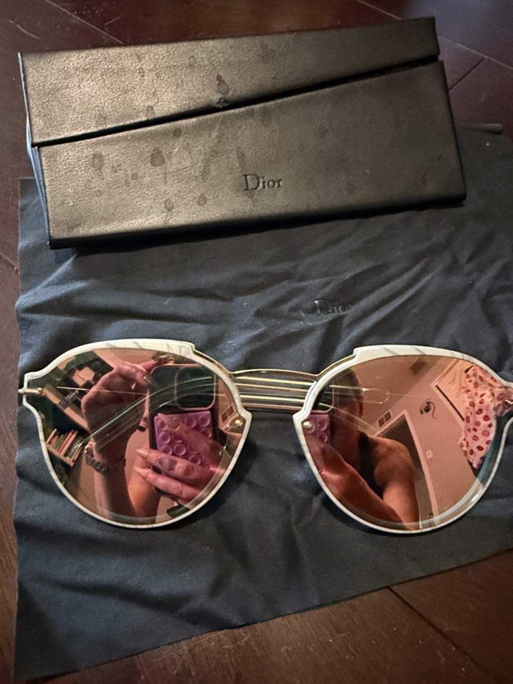 Dior Gold Frame Sunglasses with Pink Mirrored Lenses and White Trim
